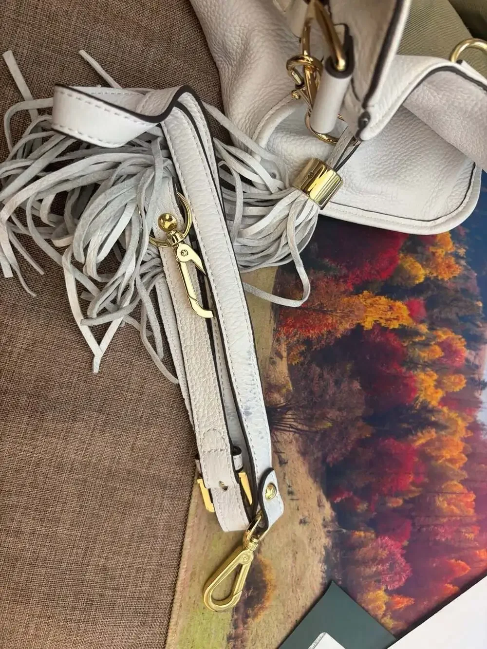 G.I.L.I. Leather Stirrup Satchel Hobo Handbag with Tassel White